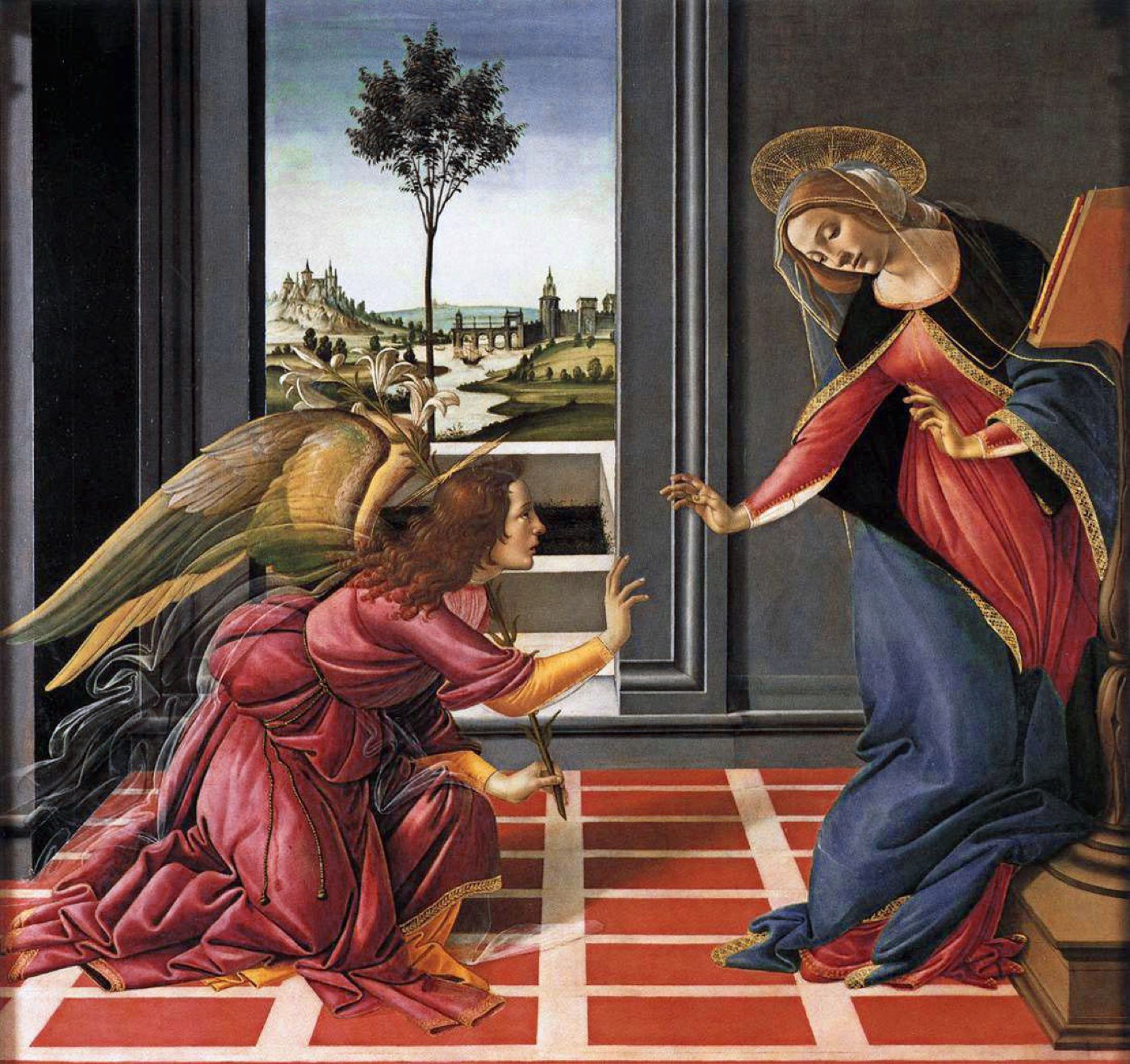 Annunciation — Sandro Botticelli, 1489 The Virgin Mary at the Annunciation, greeted by the angel Gabriel — Annunciation by Sandro Botticelli